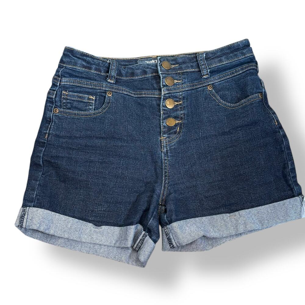 ModCloth Dark Wash High Waist Cuffed Jean Shorts Button Fly Denim Retro Pinup - Picture 2 of 9